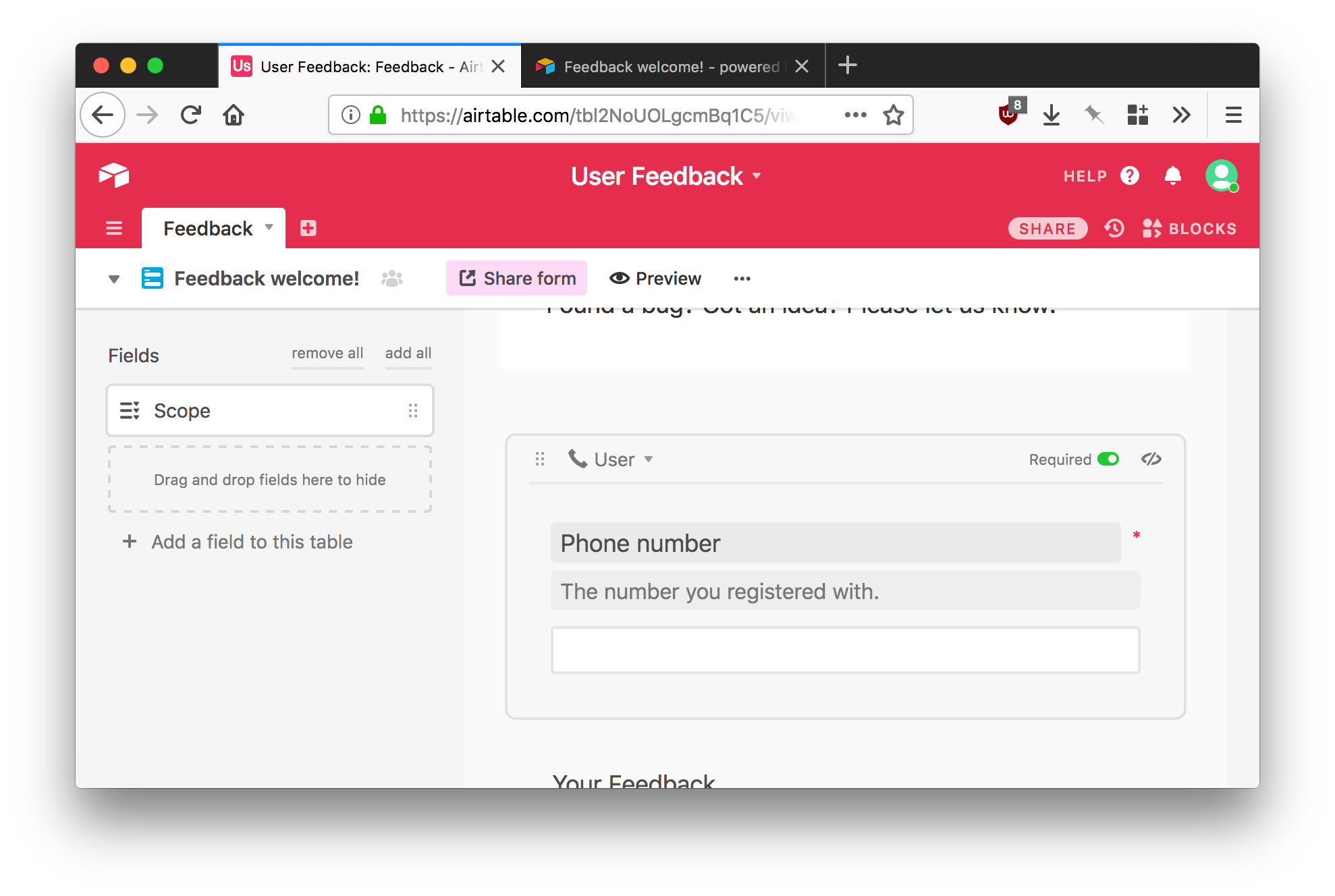 Form edit screen, with drag and drop areas to add available columns to the form, and a form field shown with editable title and description areas.