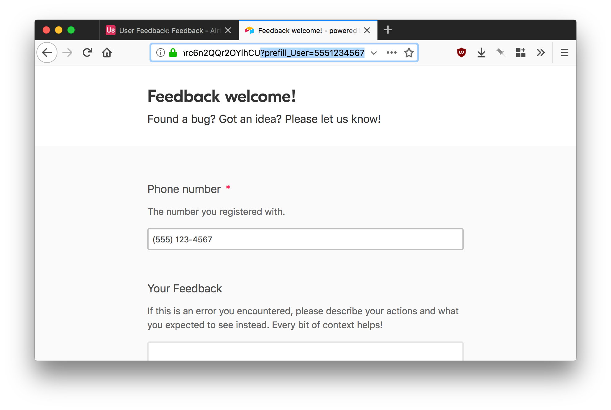 Airtable form page with URL query strings targeting specific form fields and filling them with passed values.