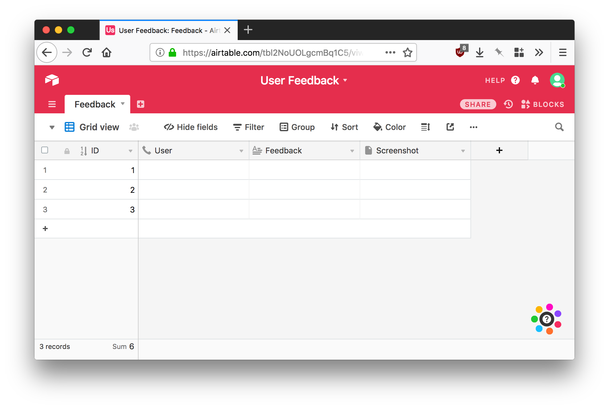 An Airtables spreadsheet with user, feedback, and screenshot fields.