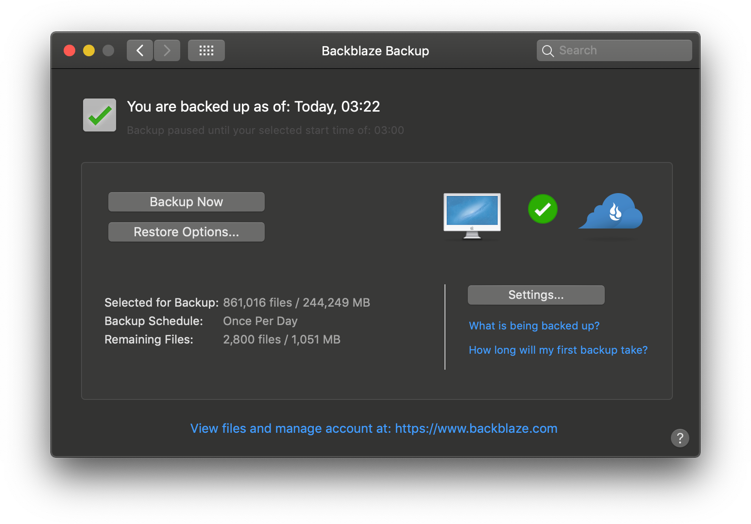 Interface of Backblaze's backup utility.