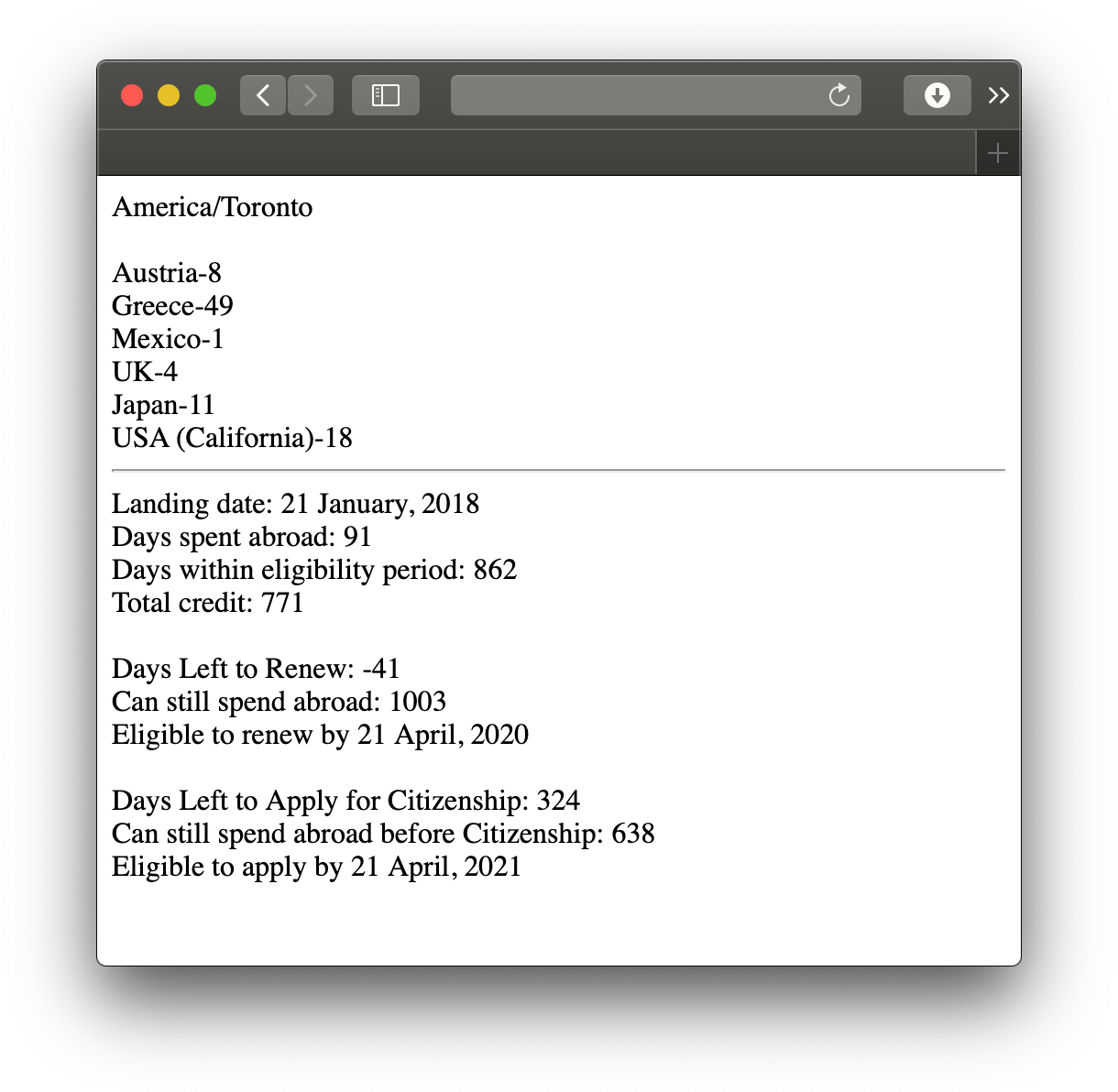 Simple text interface in the browser, listing travel locations and dates first, and then showing relevant date information for landing.