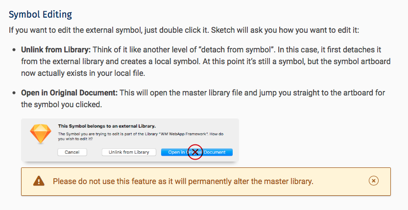 "Symbol Editing" portion of the framework installation guide, warning users not to select the default option of "Open in Original Document" when double-clicking an item, since it would alter the library file for everyone.