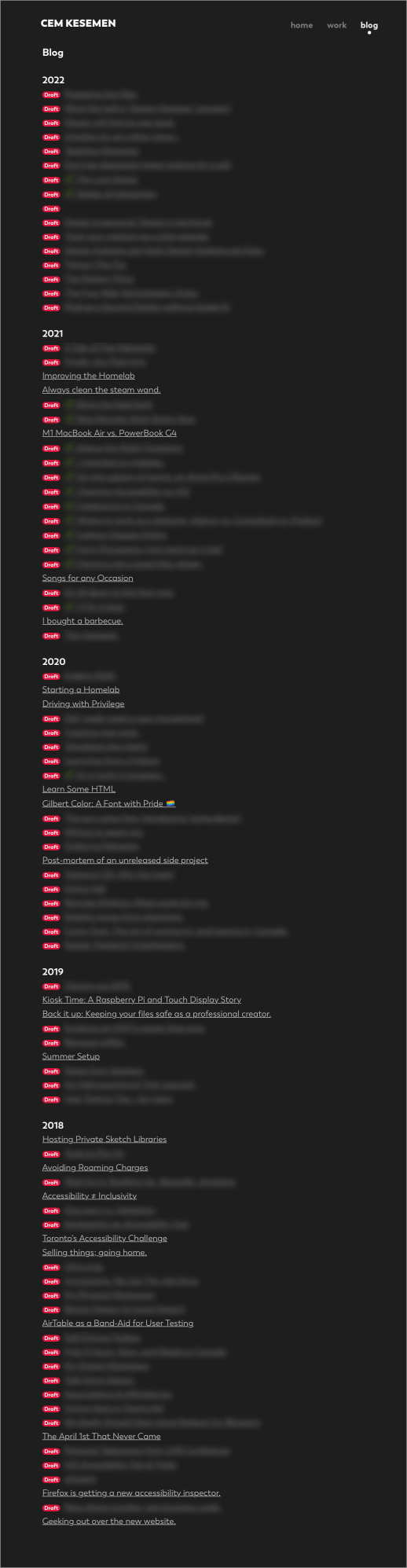 My blog posts list, showing blurred drafts, which are about 5 times more than my published posts.