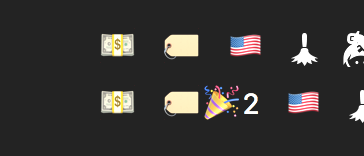 Two Mac menubars full of icons, one showing the sale emoji by itself, the other showing a party icon and the number 2 next to the sale icon.