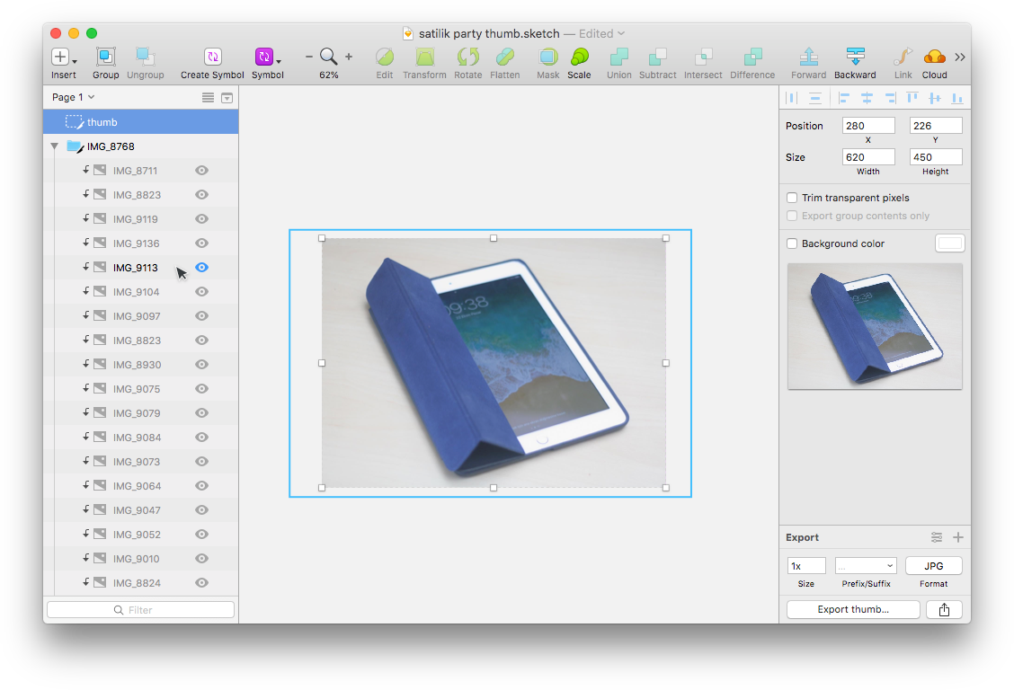 A Sketch file with a masked image, and a slice called thumb, ready to export a resized image.