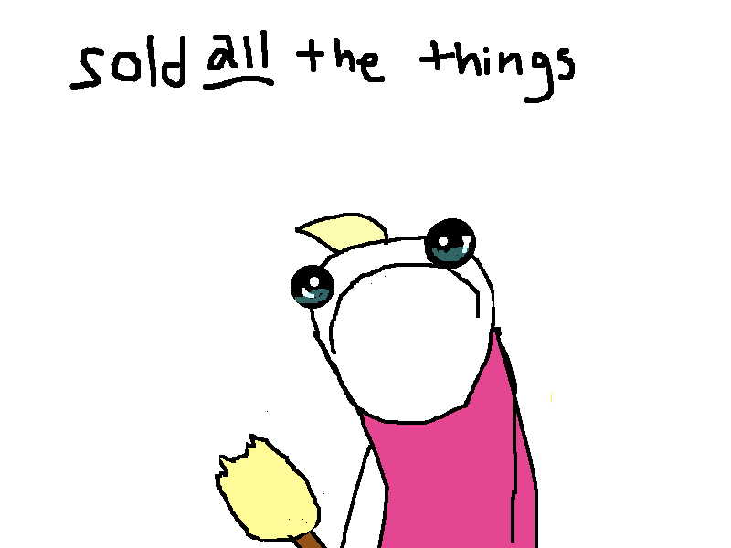 Second part of sell all the things meme, the sad girl, with the text saying sold all the things on top