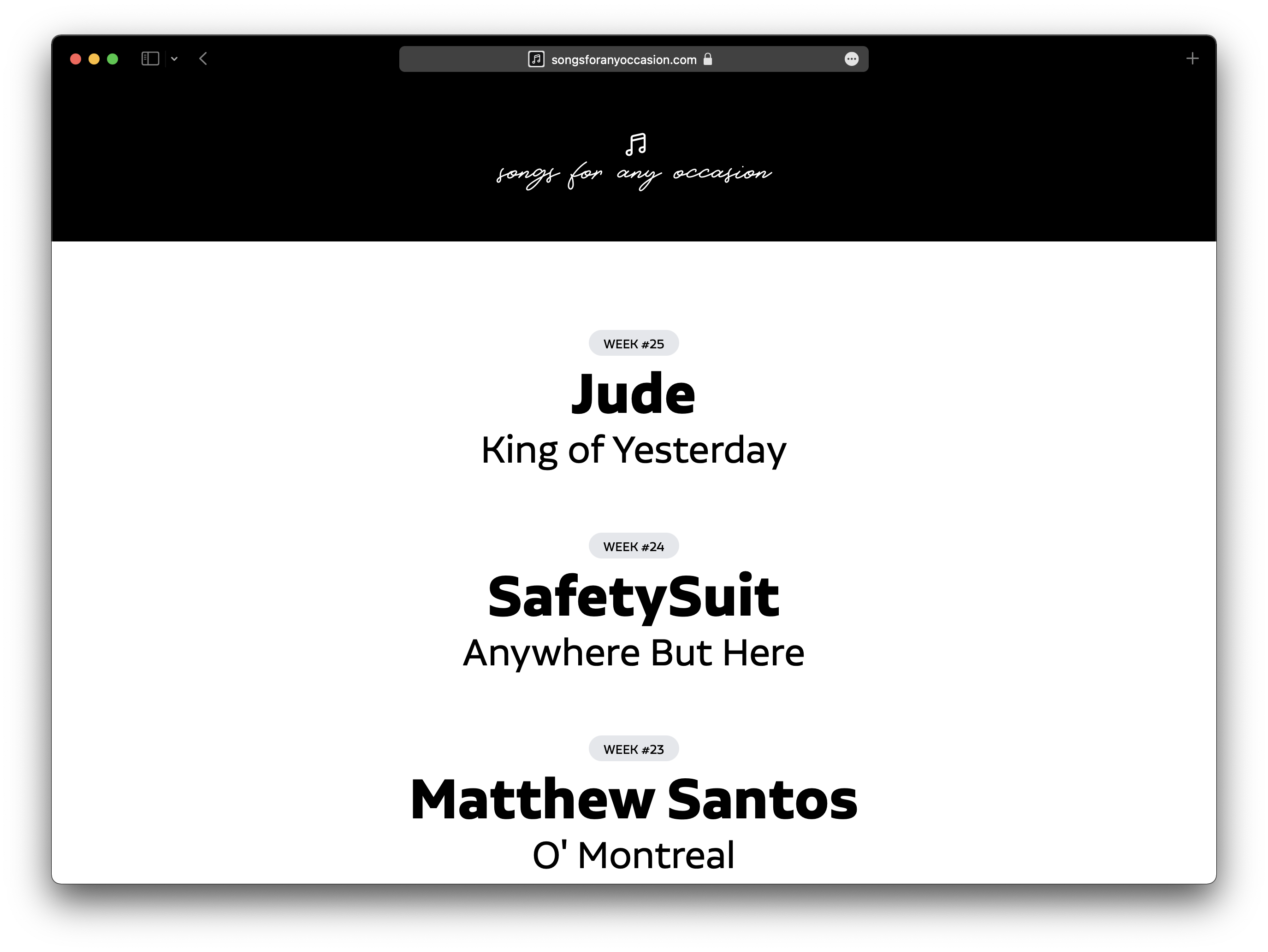 Screenshot of Songs for any Occasion blog.