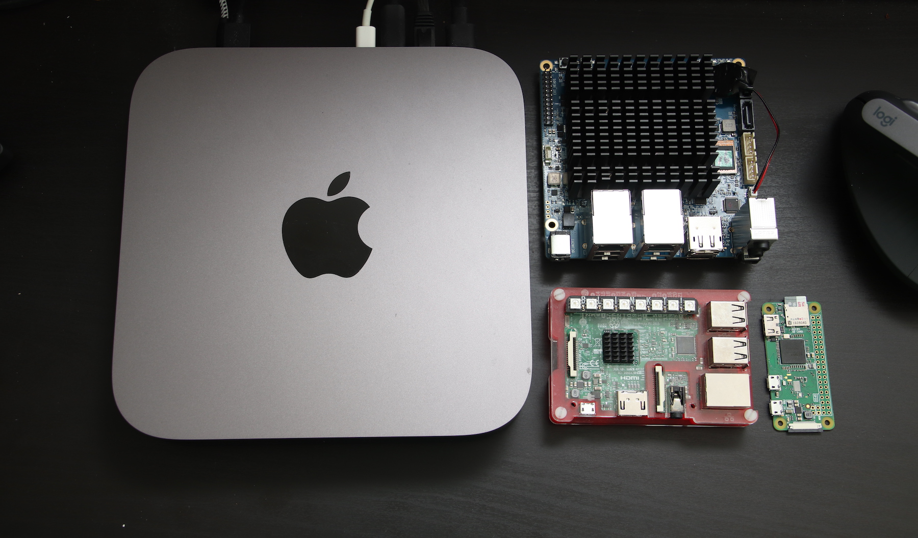 ODROID H2+ with Mac mini, Raspberry Pi 3, Raspberry Pi Zero W.